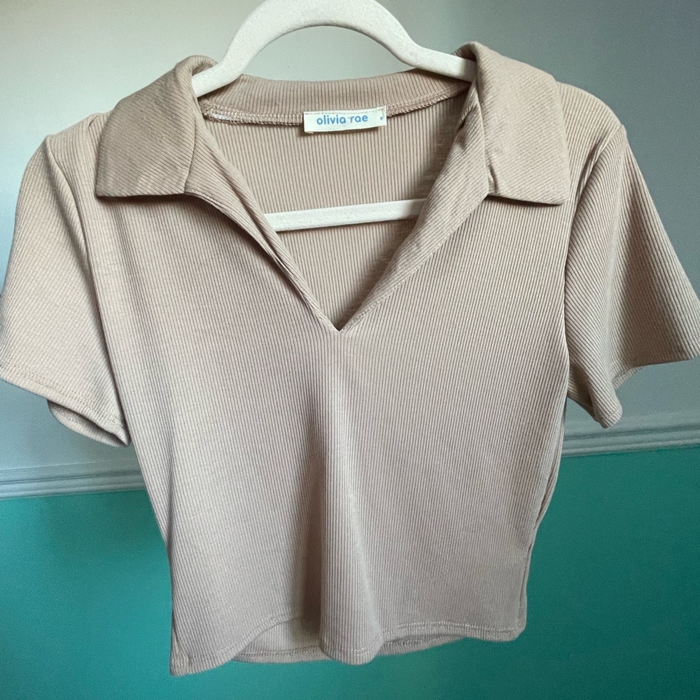 Olivia Rae Tan Ribbed Polo Top